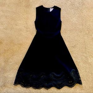 Black Lela Rose Tea-Length 6” Lace Trimmed Cocktail Dress. See-Through Waist. S